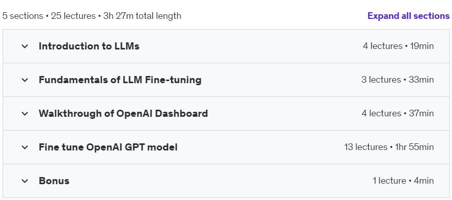Course topics · LLM Fine Tuning Fundamentals + Fine tune OpenAI GPT model 2024-7
