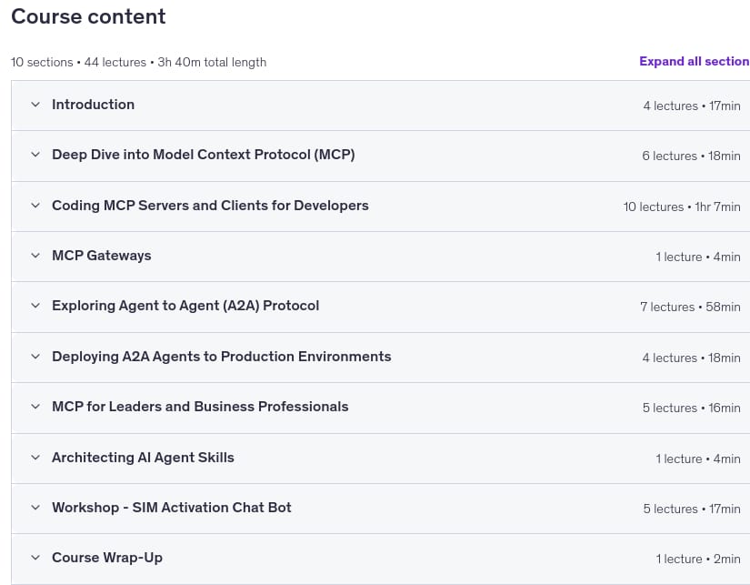 Course topics · Udemy — Model Context Protocol (MCP) and A2A for Smarter AI Agents 2026-5