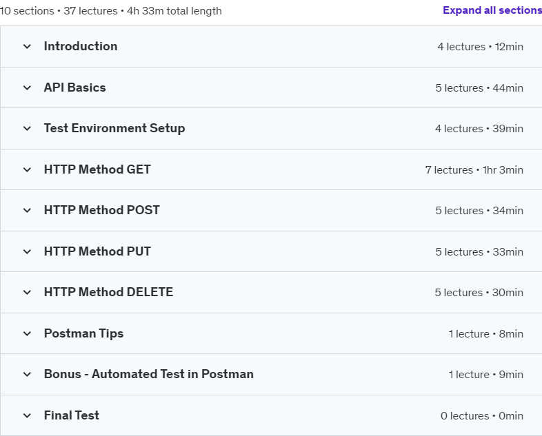 Course topics · Udemy — Webservices API Testing with Postman – Complete Guide 2024-8/2025-1