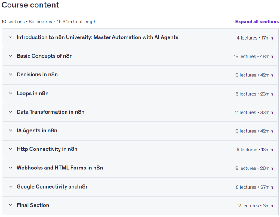 Course topics · Udemy — n8n University: Master Automation with n8n & AI Agents! 2026-4