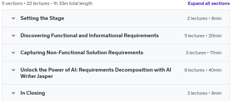 Course topics · Udemy — Business Analysis: Functional & Non-Functional Requirements 2024-7