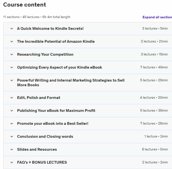 Course topics · Udemy — Kindle Secrets: How I Wrote a Best Selling eBook In 72 hours 2019-11