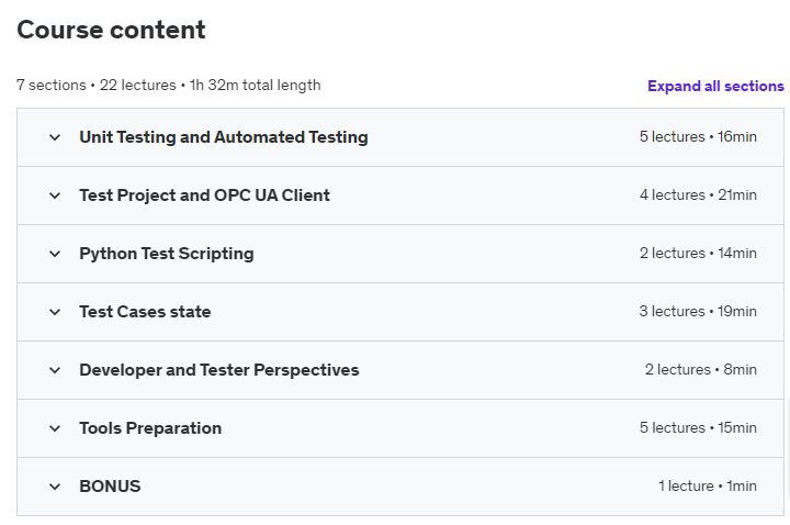 Course topics · Udemy — PLC – Python Automated Testing and OPC UA 2020-9