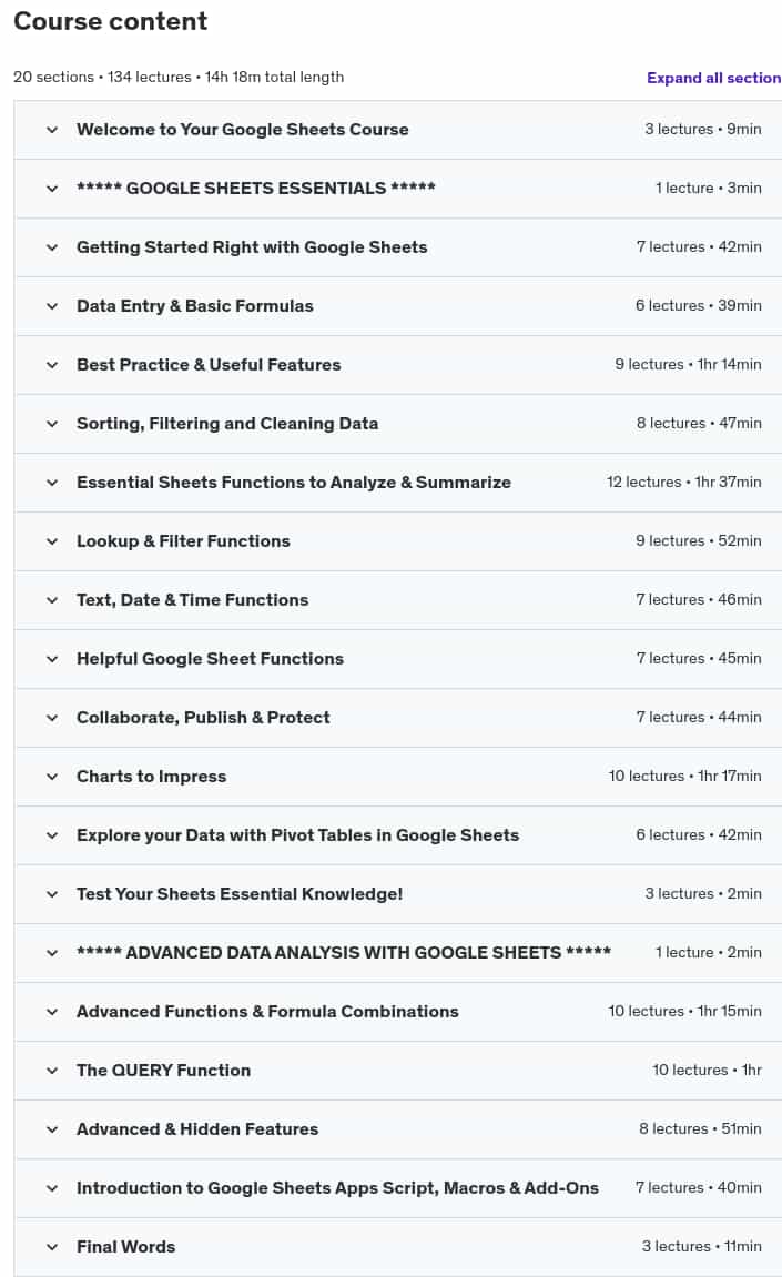 Course topics · Udemy — Google Sheets – The Comprehensive Masterclass 2024-12