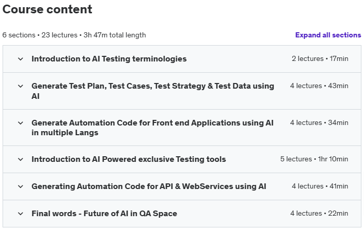 Course topics · Udemy — Learn Generative AI in Software Testing 2024-8
