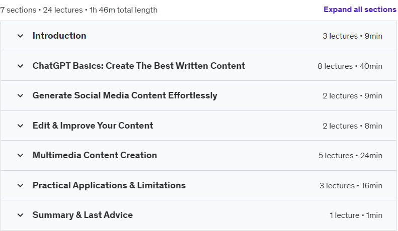 Course topics · Udemy — Content Creation with ChatGPT: Master AI Writing in Minutes 2024-7