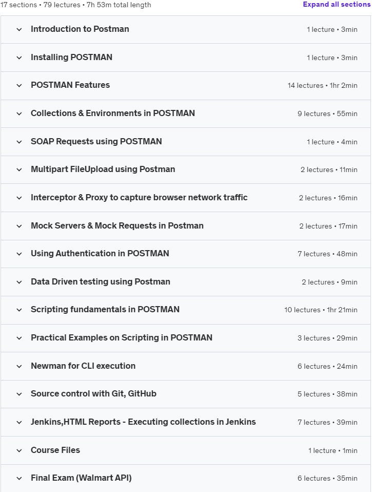 Course topics · REST API Testing, Automation using POSTMAN 2020-5