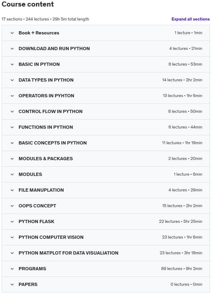 Course topics · Udemy — Python Mastery: All Levels 2024-11