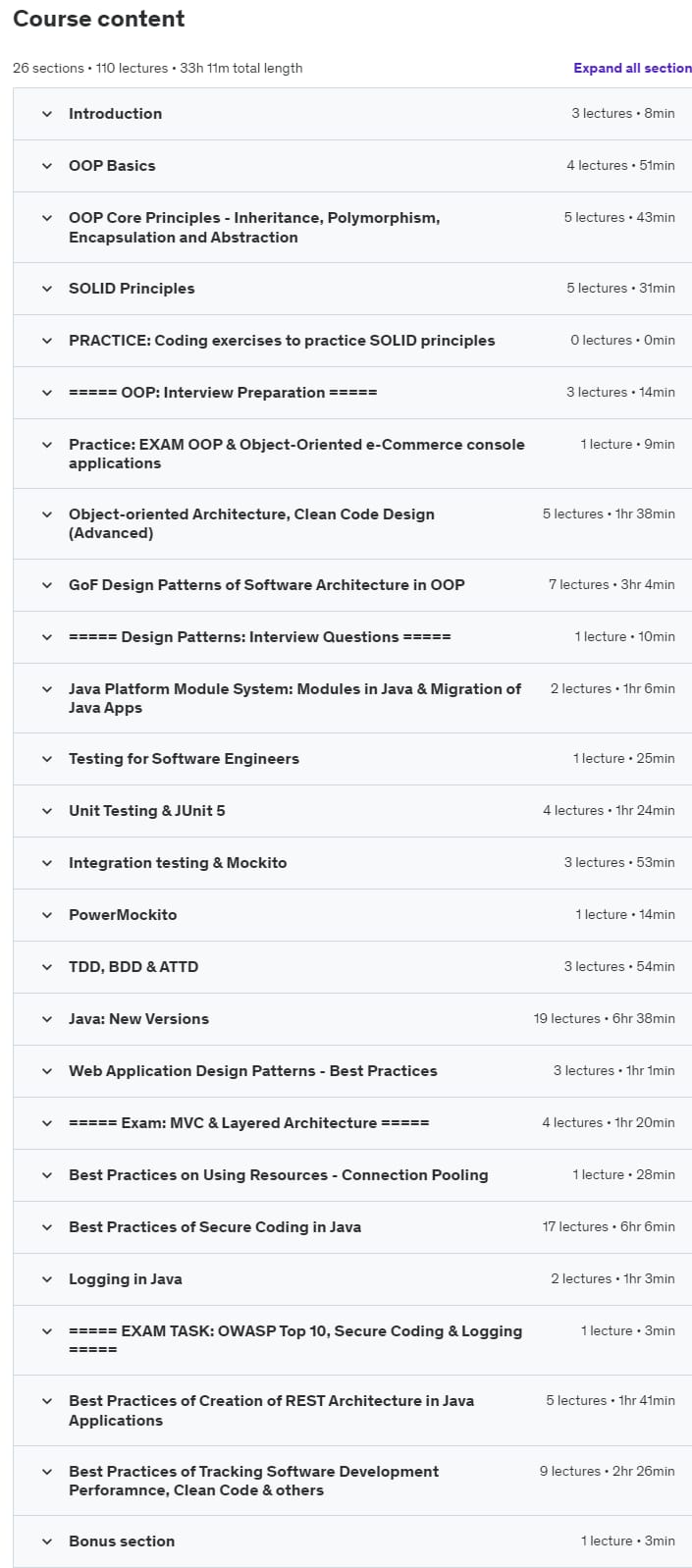 Course topics · Udemy — Java Best Practices for Efficient, Scalable, and Secure Code 2024-3