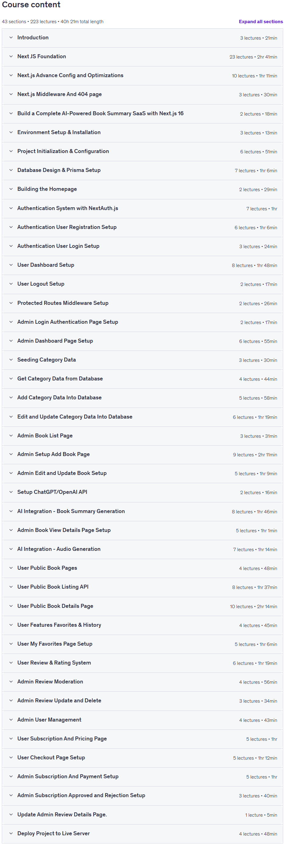 Course topics · Build an AI-Powered SaaS with Next.js 16, ChatGPT API & RAG 2026-3