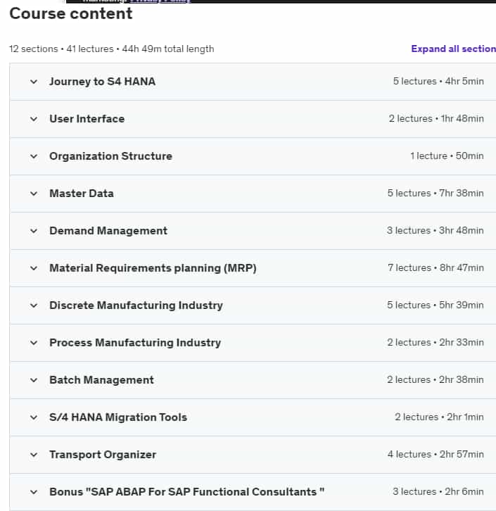 Course topics · Udemy — SAP S/4 HANA Basics and S/4 HANA Production Planning Module 2024-7