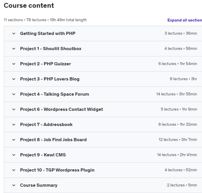 Course topics · Udemy — Projects in PHP and MySQL 2018-12