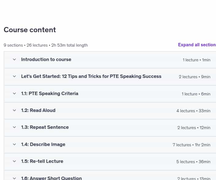 Course topics · Udemy — PTE Academic Exam Preparation: Speaking Mastery | SCORE 79+ 2024-3