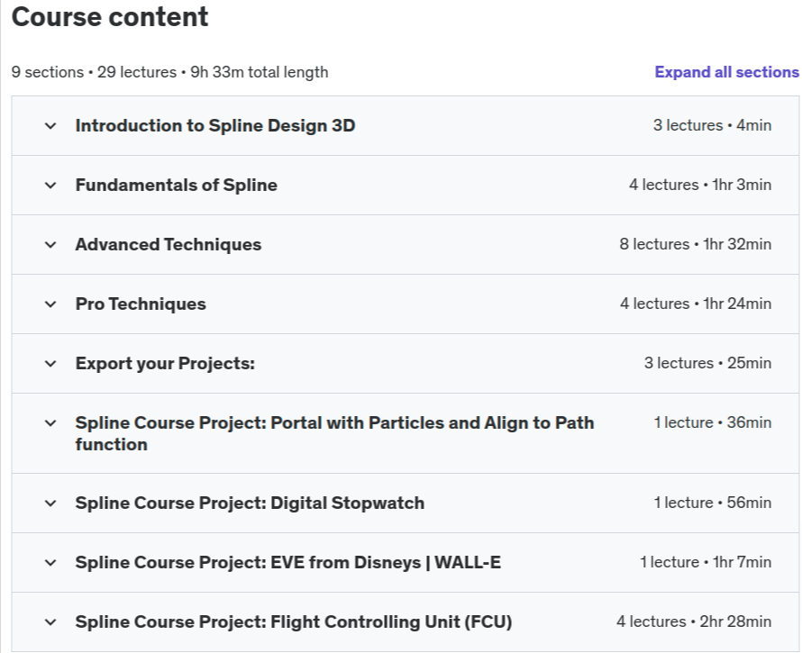 Course topics · Udemy — Spline Course: 3D Modelling, Animating and Web Integration 2024-9