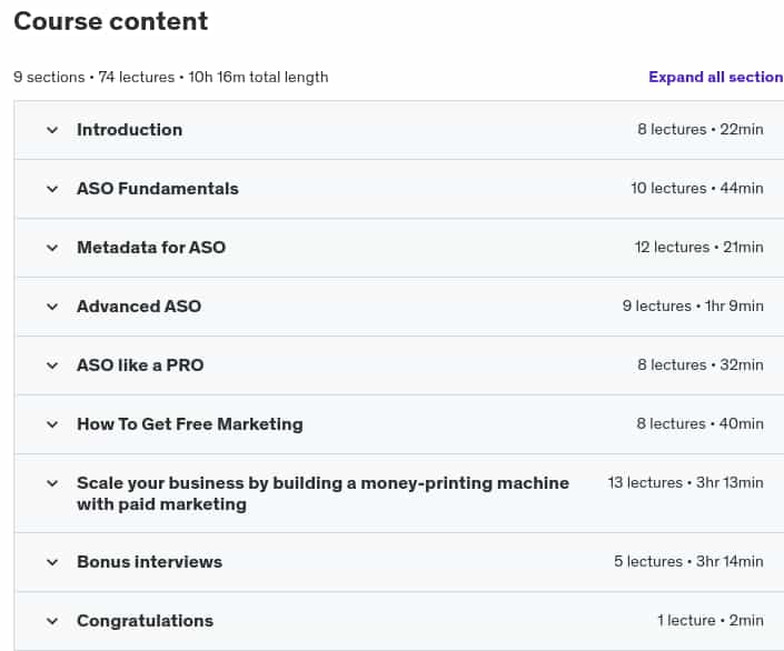 Course topics · Udemy — 2024 Mobile App Marketing & App Store Optimization ASO 2023-12