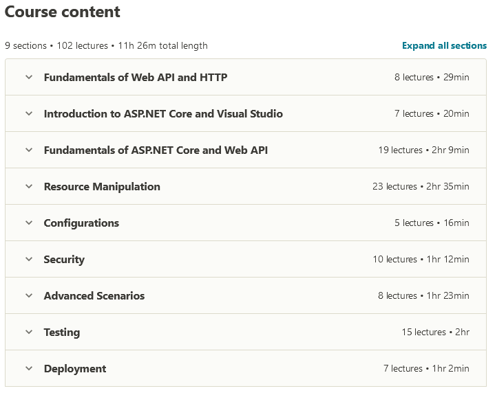 Course topics · Udemy — Building RESTful Web APIs with ASP.NET Core 3.1 2021-1