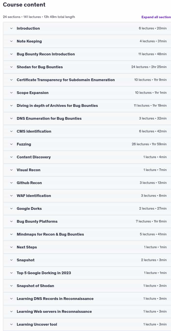 Course topics · Recon for Ethical Hacking / Pentesting & Bug Bounty 2025 2025-3