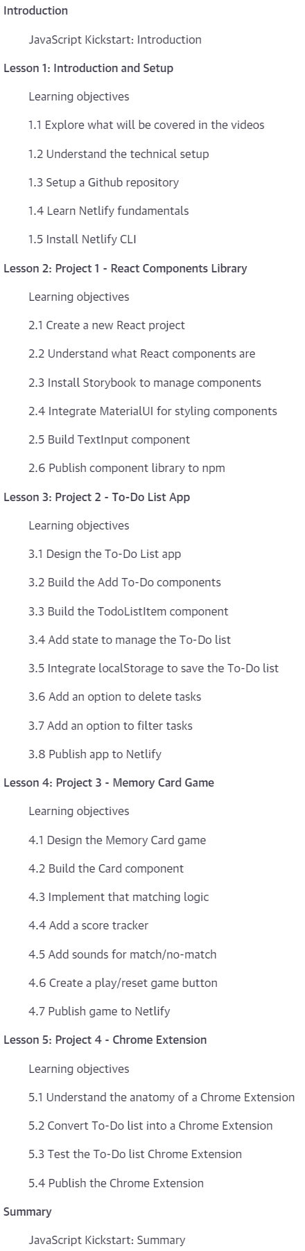 Course topics · Oreilly — JavaScript Kickstart: Build Projects with JS + React 2022-10