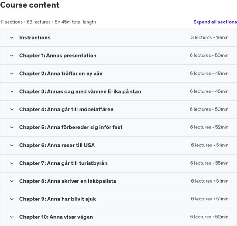 Course topics · Udemy — Learn Swedish listening comprehension, grammar and exercises 2024-3