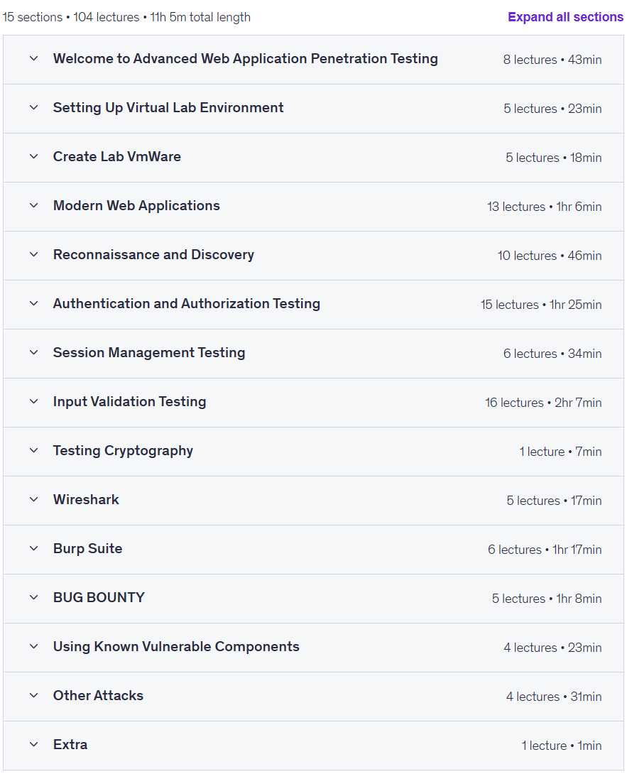 Course topics · Udemy — Web Application Hacking & Burp Suite for Penetration Testing 2025-7