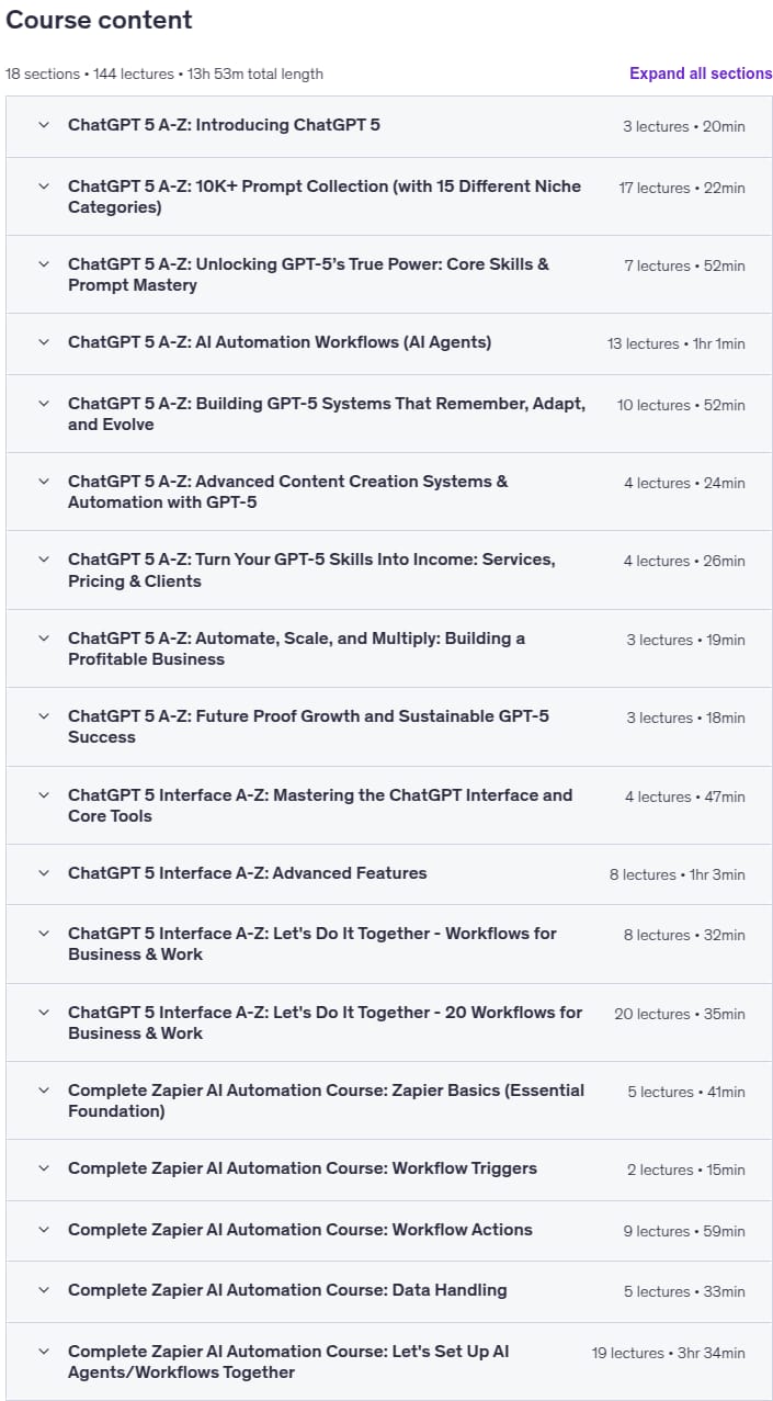 Course topics · The Complete ChatGPT-5 Bootcamp: Go from Zero to Pro 2025-11