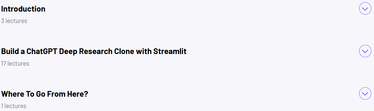 Course topics · ZeroToMastery – Build a ChatGPT Deep Research Clone with Streamlit 2025-7
