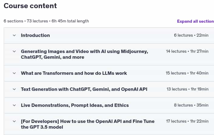 Course topics · Udemy — How to use ChatGPT and Generative AI to help create content 2025-5