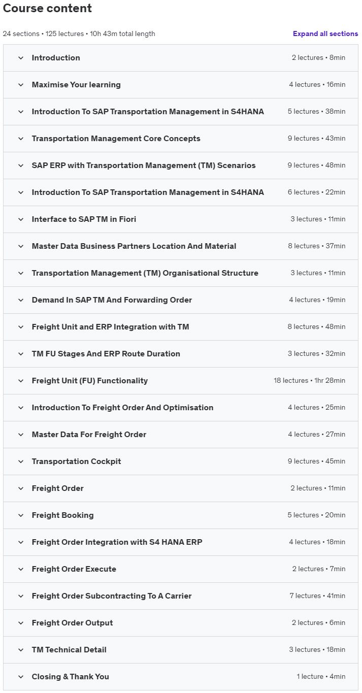 Course topics · Udemy — Learn SAP S/4 HANA Transportation Management, Step by Step 2024-1