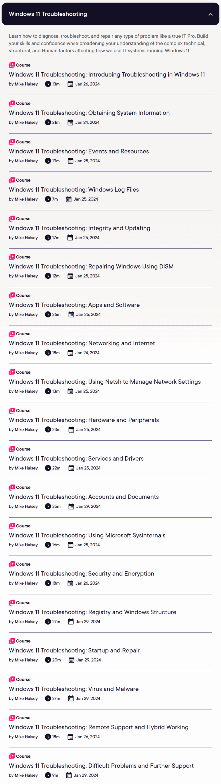 Course topics · Windows 11 Troubleshooting 2025-11