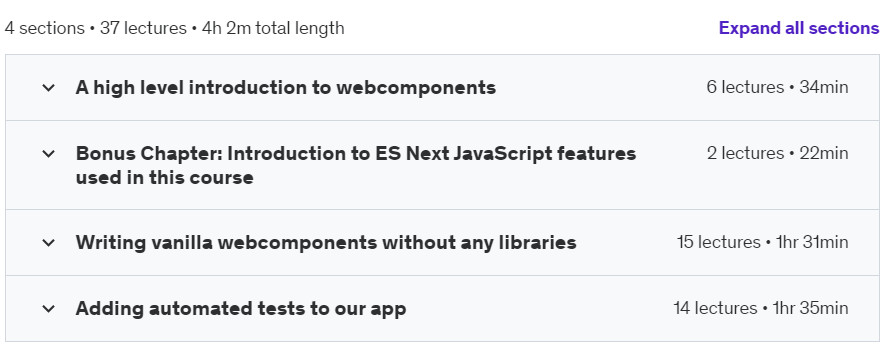 Course topics · Udemy — Build lightning fast web components apps for any framework 2019-3