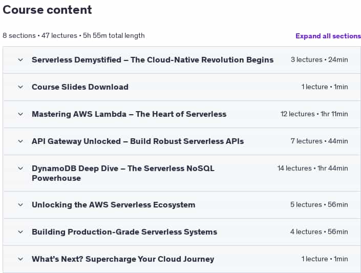 Course topics · Udemy — [NEW V2] AWS Lambda & Serverless Architecture Bootcamp 2025 2025-3