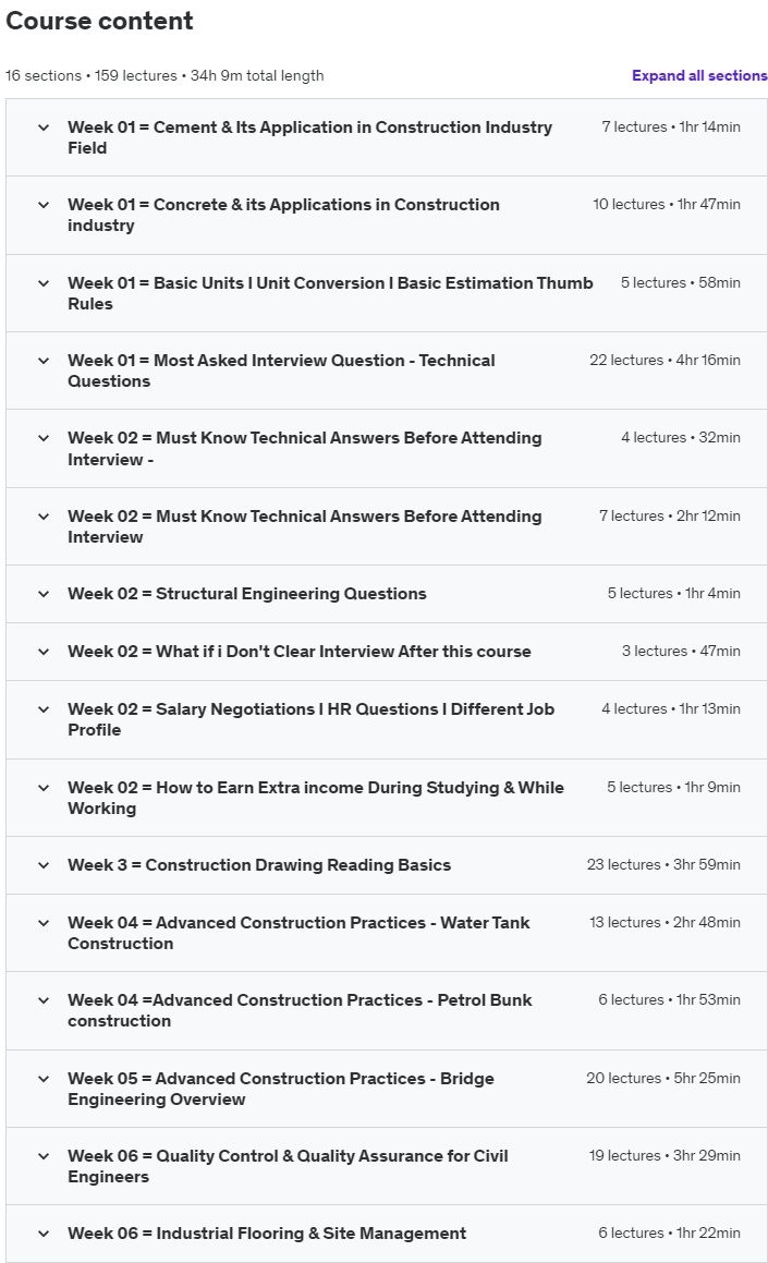 Course topics · Udemy — 6 Weeks Bootcamp in Civil Engineering Construction From Zero 2023-5