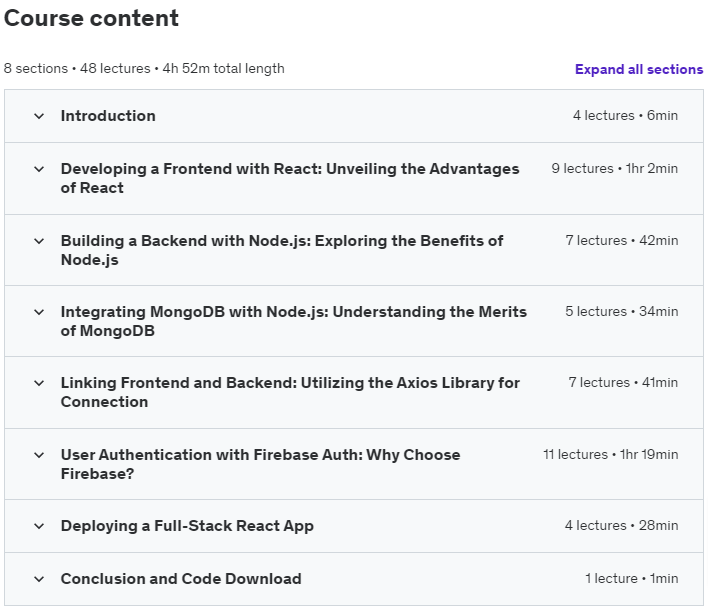 Course topics · Udemy — Develop Full-Stack Website: React, MongoDB, Google Cloud 2024-2