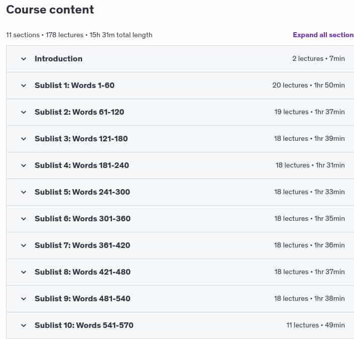 Course topics · Udemy — Academic Word List: Learn the Most Common Academic Words 2025-2