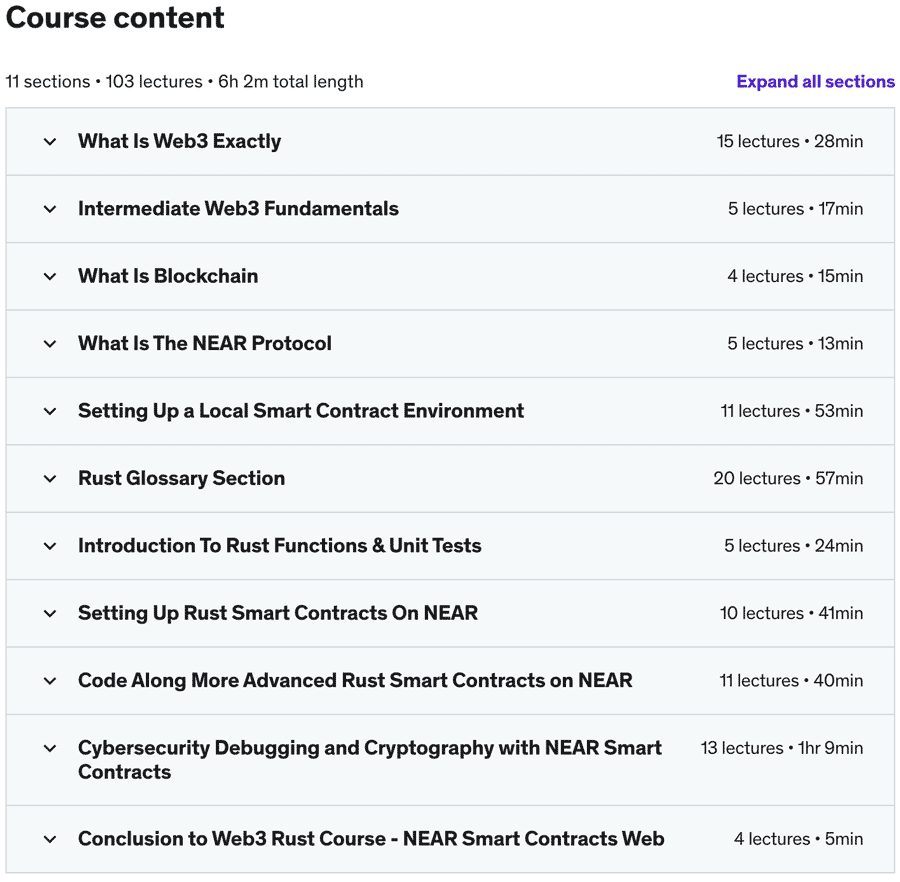 Course topics · Udemy — The Web3 Rust Course – NEAR Smart Contracts Web Development 2022-10