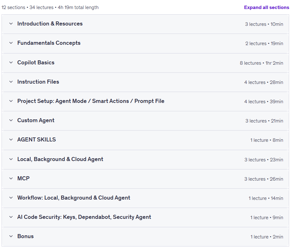 Temas del curso · GitHub Copilot para desarrolladores: código más rápido con AI Agentes 2026-7