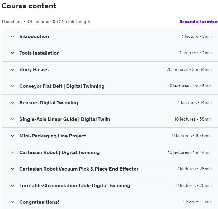 Course topics · Udemy — Robotics & Mechatronics 3: Digital Twin Machines | Unity 2023-11