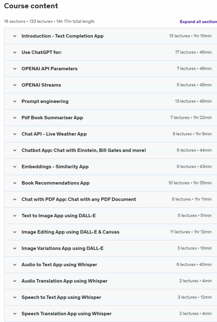 Course topics · Udemy — The Complete OPENAI JS APIs Course – Build 15 Projects 2023-8