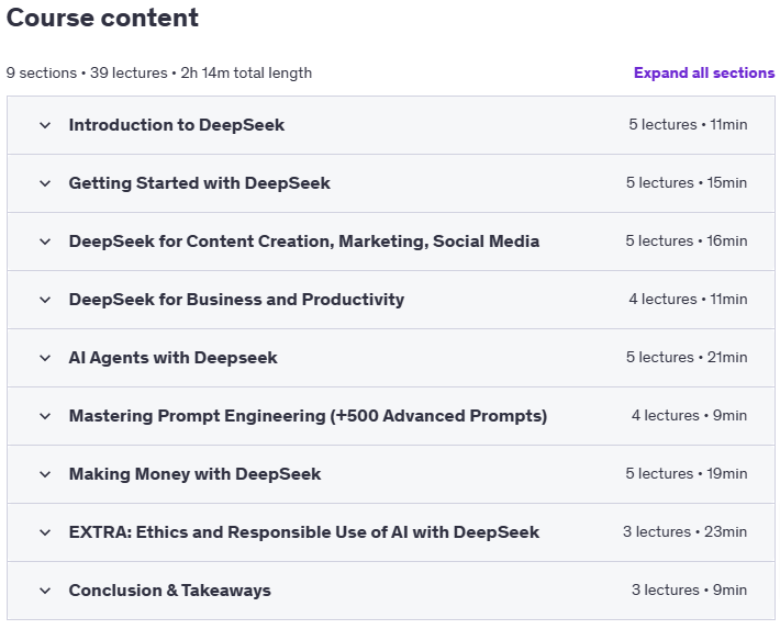 Course topics · Udemy — Deepseek Complete Guide: GenAI, AI Agents, Monetizing & More 2025-1