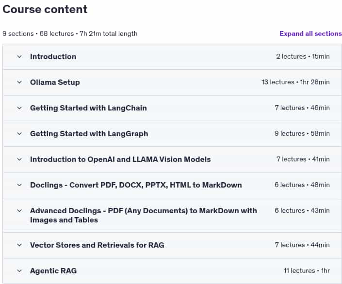 Course topics · Udemy — 2025 Agentic RAG with LangChain and LangGraph – Ollama 2025-5