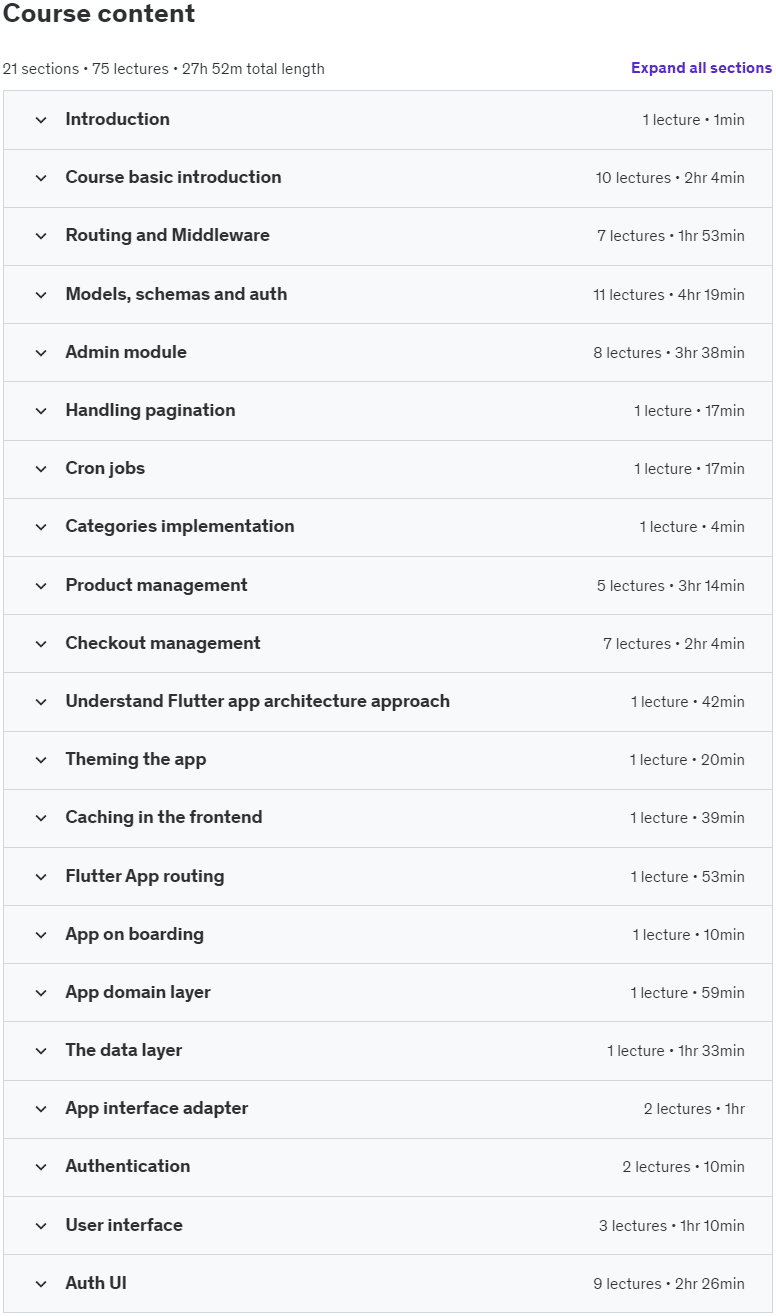 Course topics · Flutter Ecommerce Course Dart | BLoC | Nodejs | Rest API 2024-8