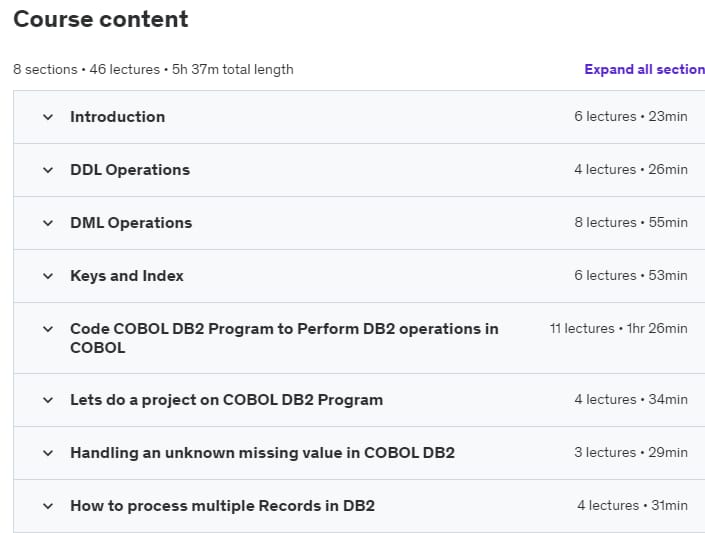 Course topics · Udemy — Mainframe: Code DB2 on COBOL Programs for Absolute Beginners 2022-5