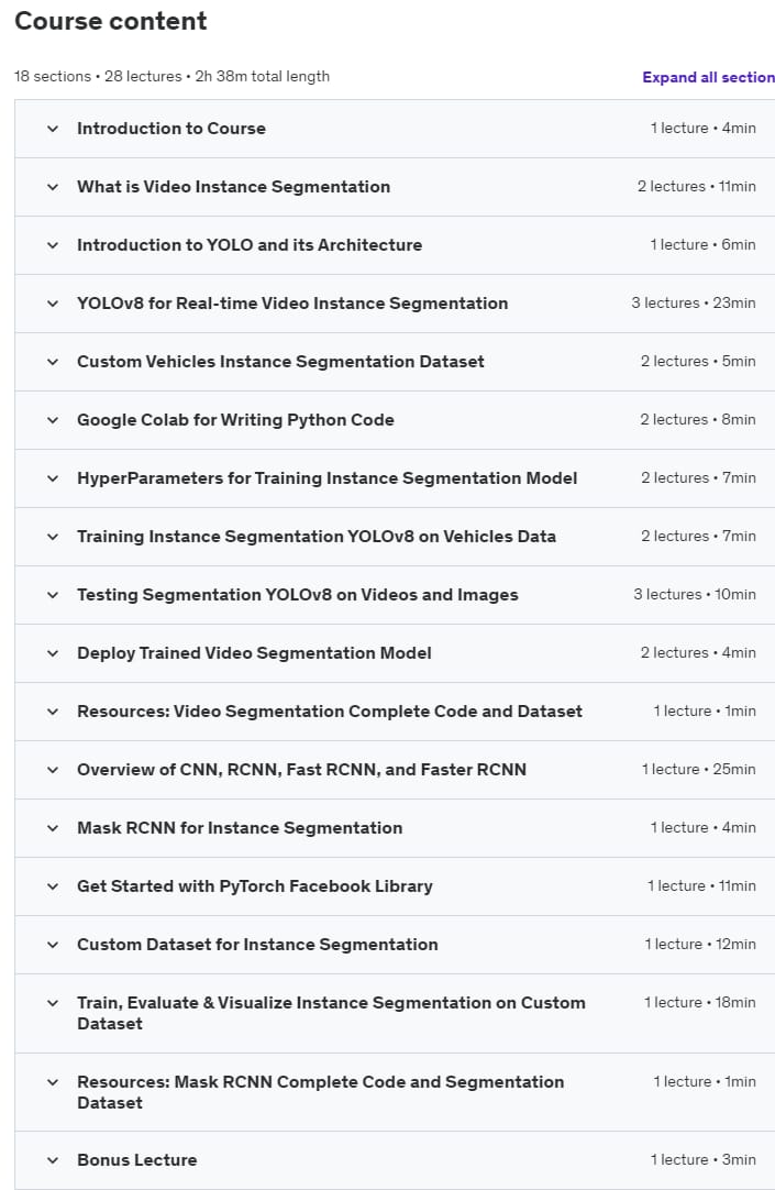 Course topics · Udemy — Video Segmentation with Python using Deep Learning Real-Time 2024-2