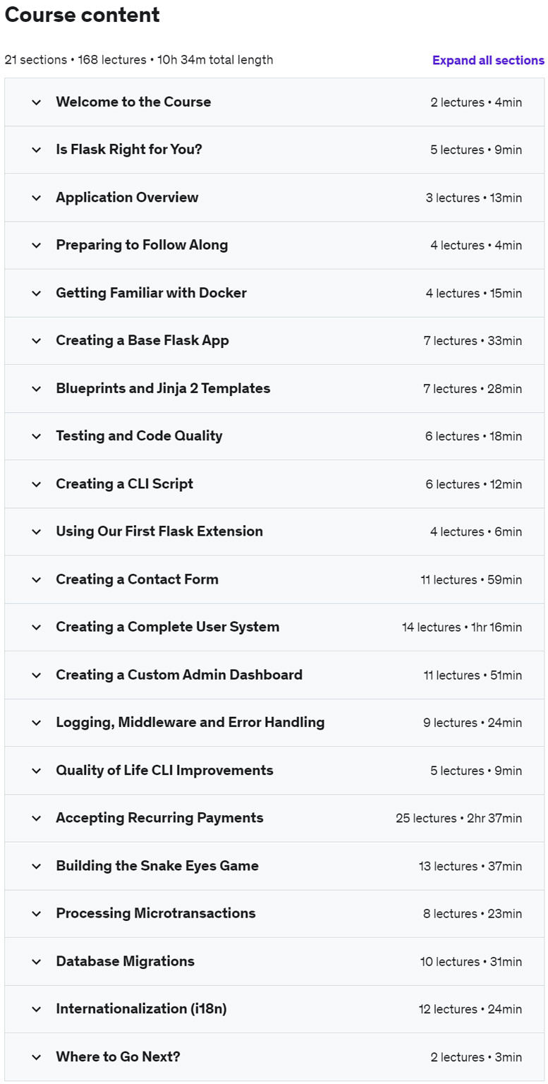 Course topics · Udemy — The Build a SAAS App with Flask Course 2022-7