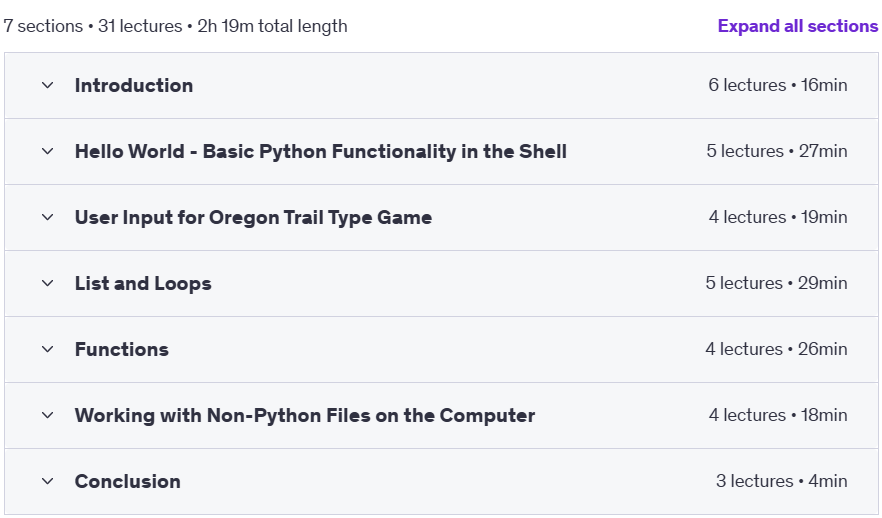 Course topics · Udemy — Python 3 for Beginners | Learn by Creating a Simple Game 2021-10