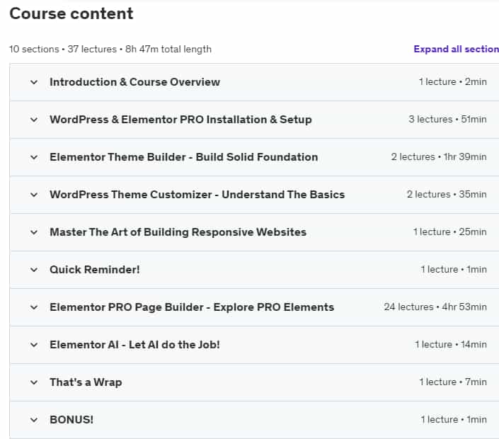 Course topics · Udemy — #1 WordPress Elementor Pro Course: Beginner to Advanced 2024 2024-1