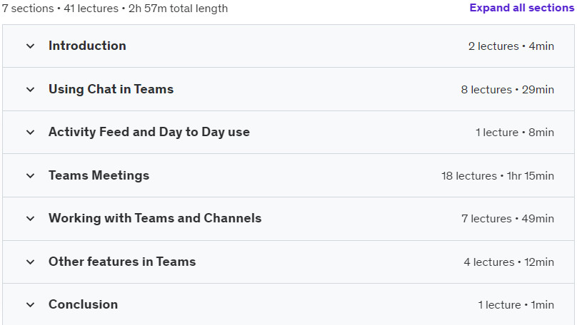 Course topics · Udemy — Microsoft Teams for Professionals
