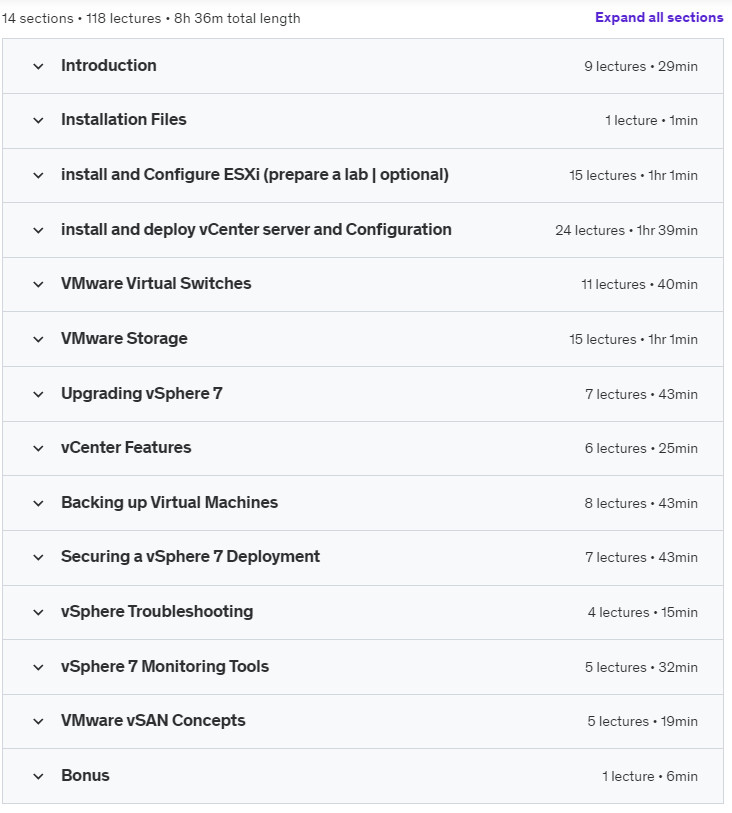 Course topics · Udemy — VMware vSphere 7: install, configure, manage [v7] VCTA 2022 2021-12