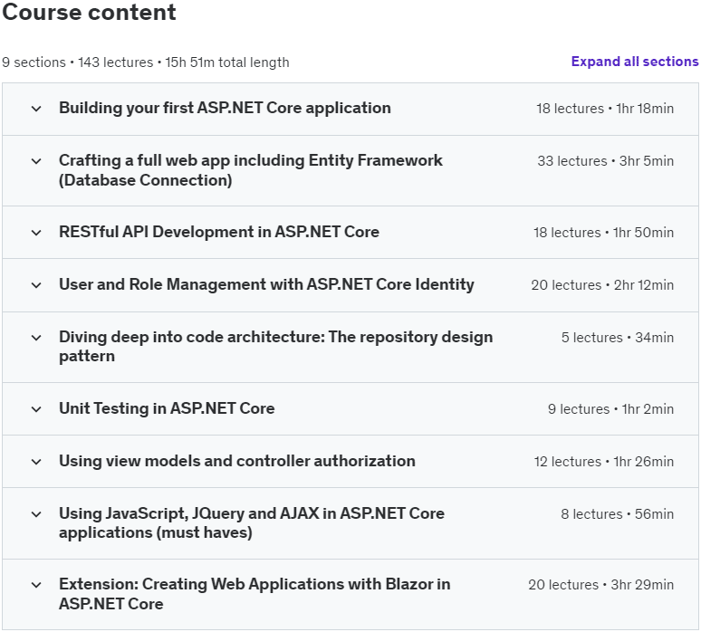 Course topics · The complete ASP.NET Core 9 course for busy developers 2024-8