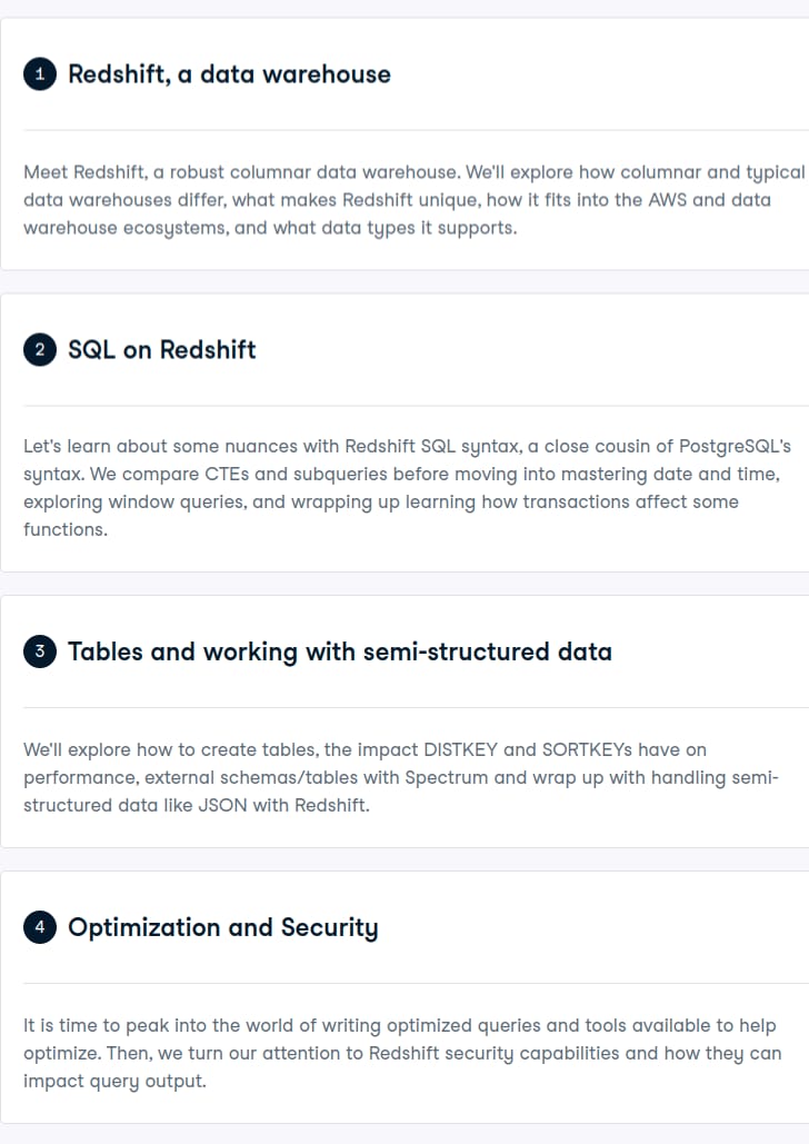 Course topics · Datacamp — Introduction to Redshift 2024-12